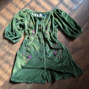 Green Embroidered Button-Down Dress